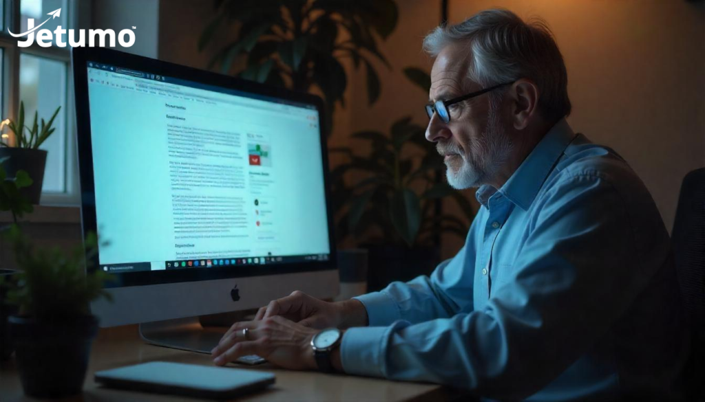 Web Hosting for Small Business: A No-Jargon Guide 3 Business man reading on monitor about web hosting